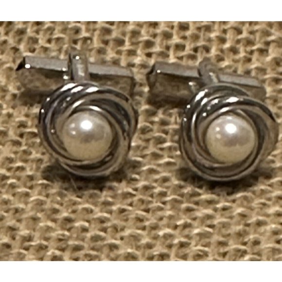 Silver Tone Knot Pearl Cuff Links  Formal Tuxedo - Picture 1 of 6